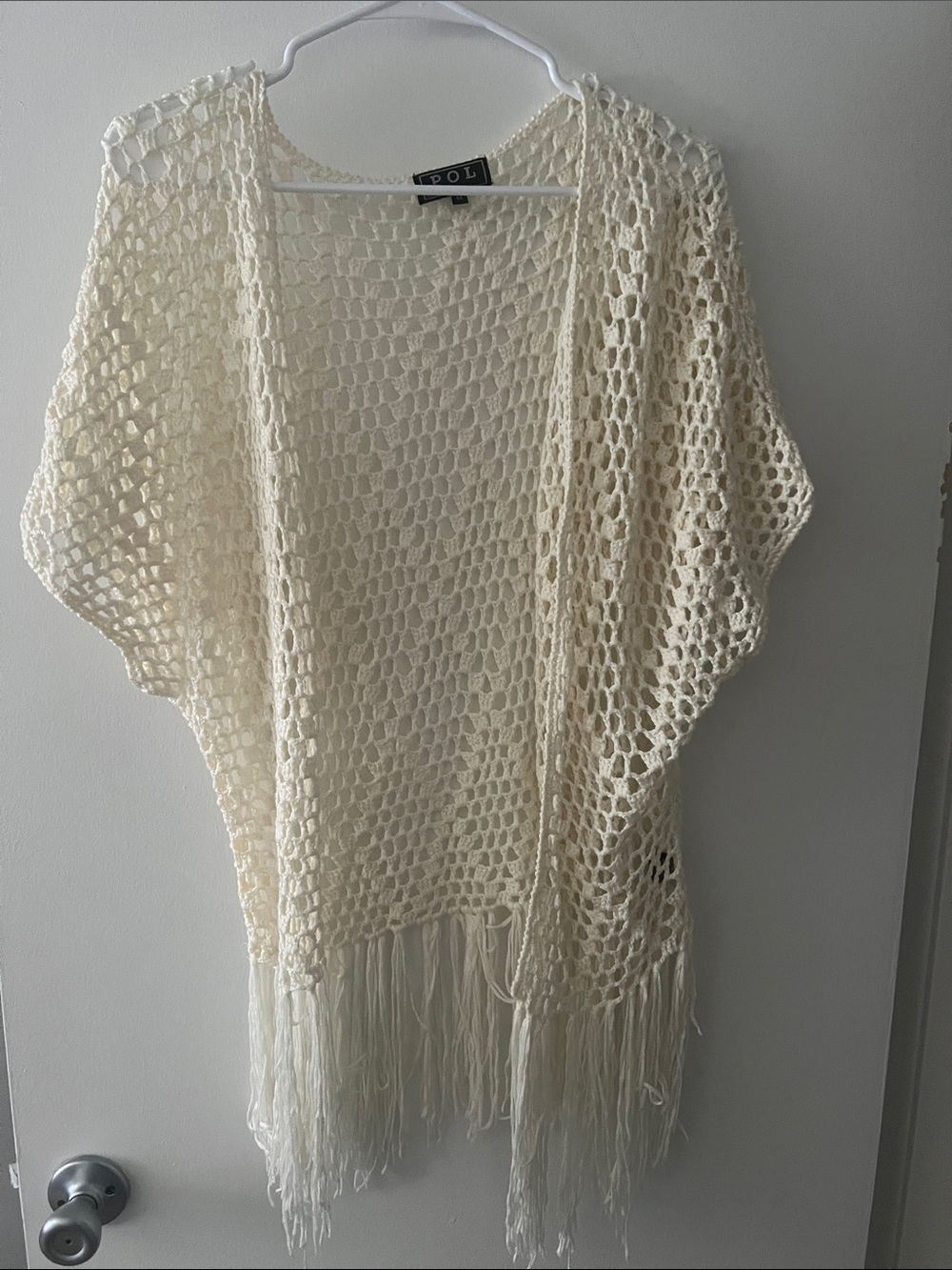 POL Cream Open-Knit Fringe Poncho